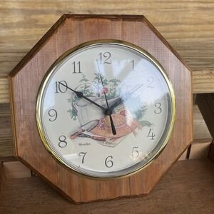 VINTAGE WOOD WESTCLOX  Octogan WALL CLOCK GARDENING THEME 10.5"